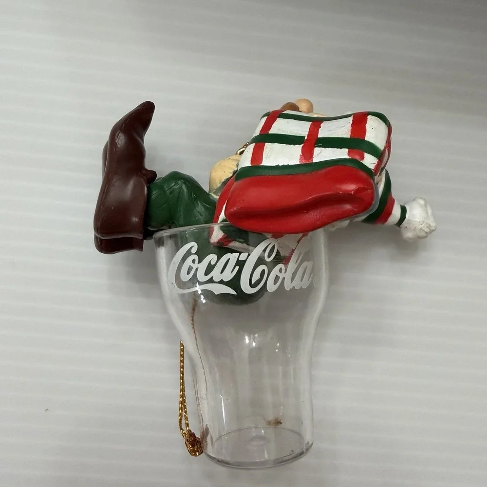Vintage 90s Coca Cola Elf In Coke Glass Christmas Ornament Holiday Soda